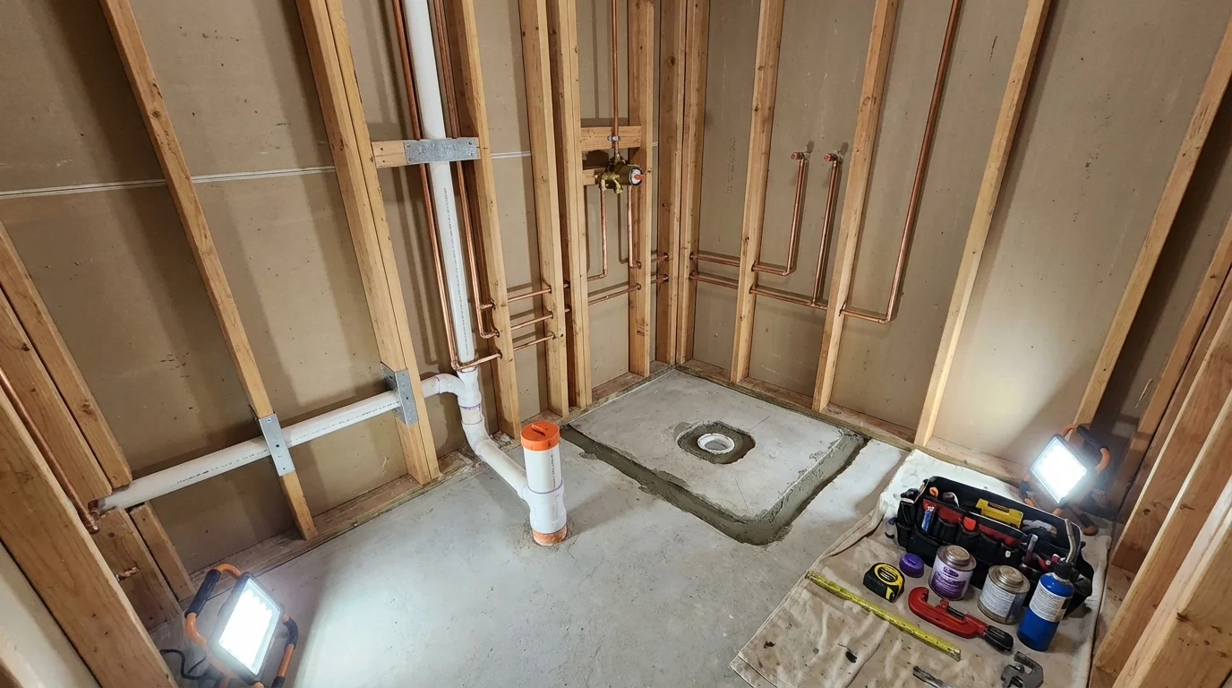 Bathroom rough-in plumbing during remodel by Johns Plumbing LLC in Culver City
