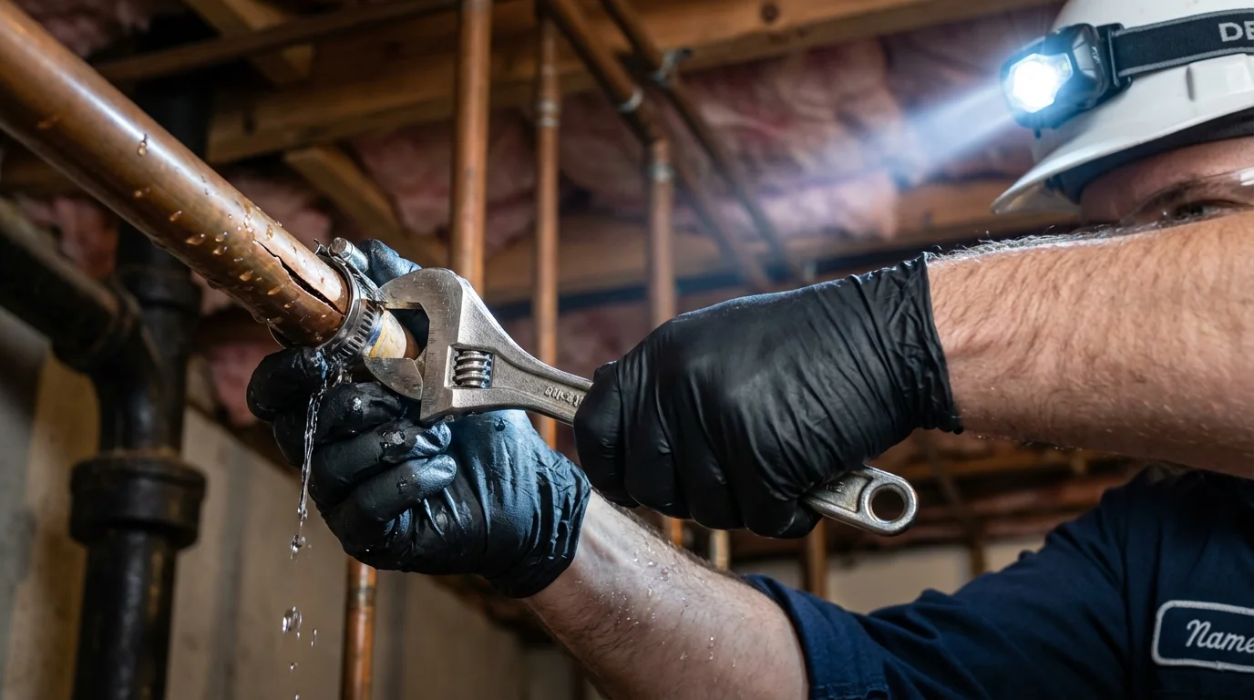 Emergency pipe clamp repair being performed by a Johns Plumbing LLC plumber in Culver City